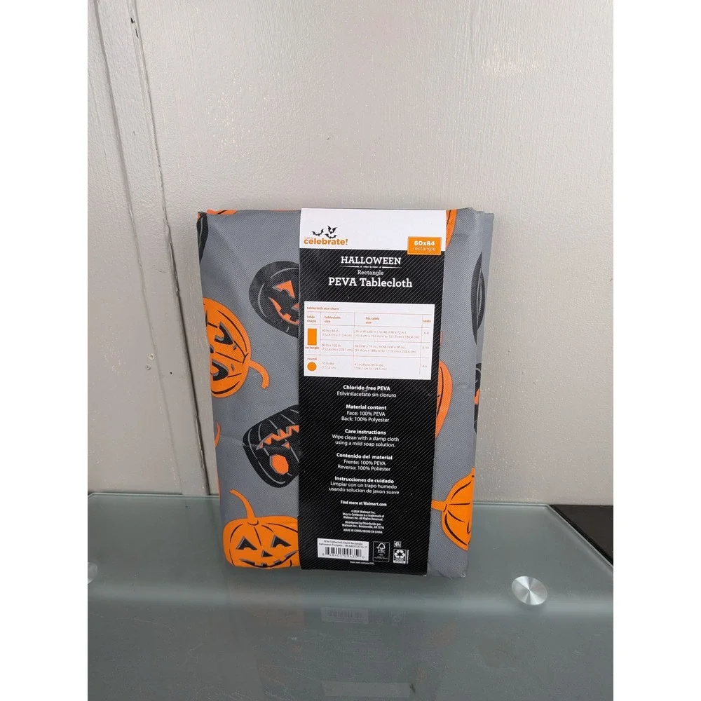 Way to Celebrate Halloween Pumpkin PEVA Tablecloth 60x84 Rectangle Gray Orange
